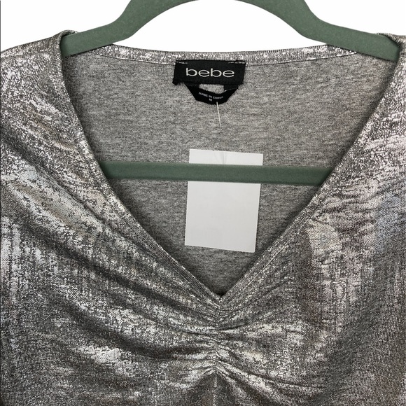 BEBE Glam Metallic Silver Long Sleeves Top Medium BNWT - Picture 2 of 5